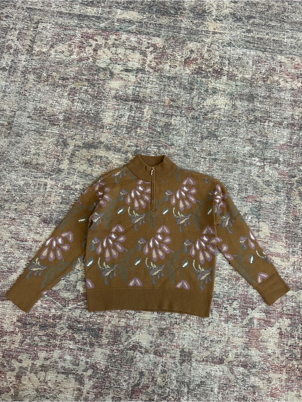 Current Air Brown Floral Zip-Front Turtleneck Sweater
